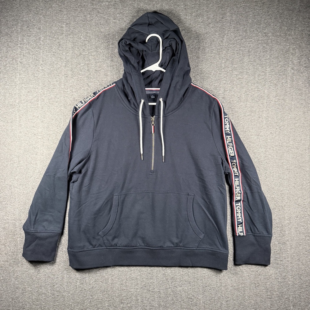 T Tommy Hilfiger Hoodie Womens XXL Navy Half Zip Logo Tape Pullover Sweatshirt